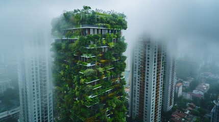 Massive living wall absorbing CO2 in a smog covered city vertical garden towers striking green vs gray contrast
