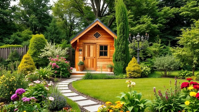 Holzh&uuml;tte im gr&uuml;nen Garten mit bunten Blumen. Warme Holzt&ouml;ne kontrastieren mit dem satten Gr&uuml;n und den leuchtenden Bl&uuml;tenfarben.