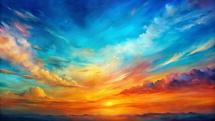 Obraz premium Abstract Sunset Watercolor Sky: Orange, Purple, Blue, Green Strokes on Textured Light Blue