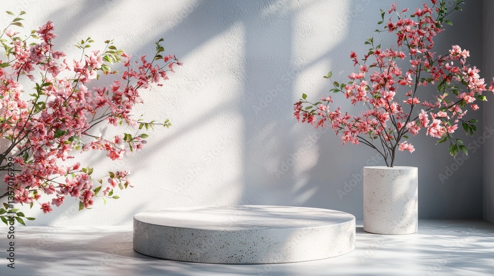 Aufkleber sunlight streams through the windows, creating gentle shadows as vibrant cherry blossoms fill the sp