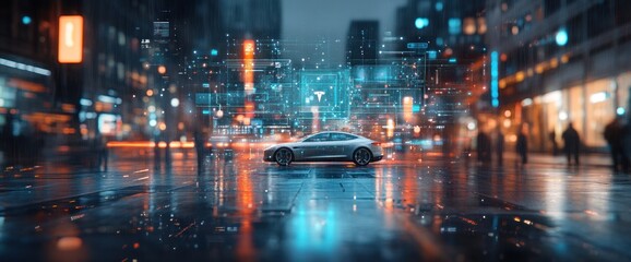 Fototapeta premium Futuristic city scene with a sleek car reflecting vibrant city lights on a wet street