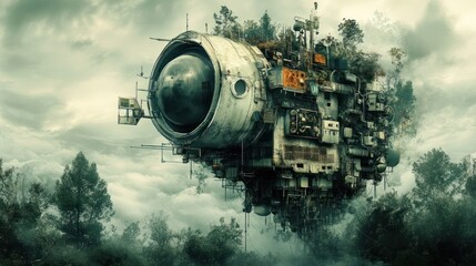 Obraz premium Futuristic flying machine, overgrown with vegetation, floats above a misty forest.