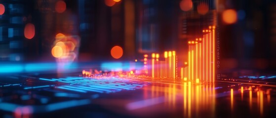 A vibrant, futuristic digital landscape with glowing bars and lights, representing data visualization and technology in a dynamic way.