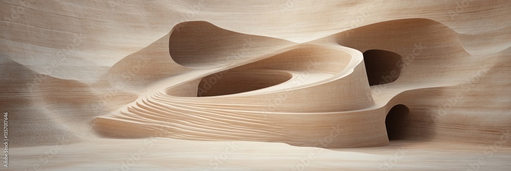 Poster abstract beige curves form a cave-like structure. smooth, swirling lines create depth and shadows