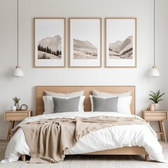 Cozy Bedroom with Mountain View Triptych Wall Art
