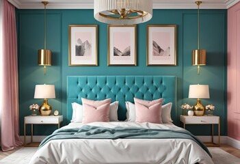 Luxurious Teal and Pink Bedroom Interior Design