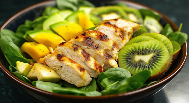 Tigela com uma salada vibrante com peito de frango, abacate, kiwi e espinafre exposta em uma mesa