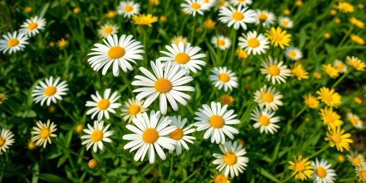 Vibrant white and yellow daisies bloom in a lush green garden, summer, flowers