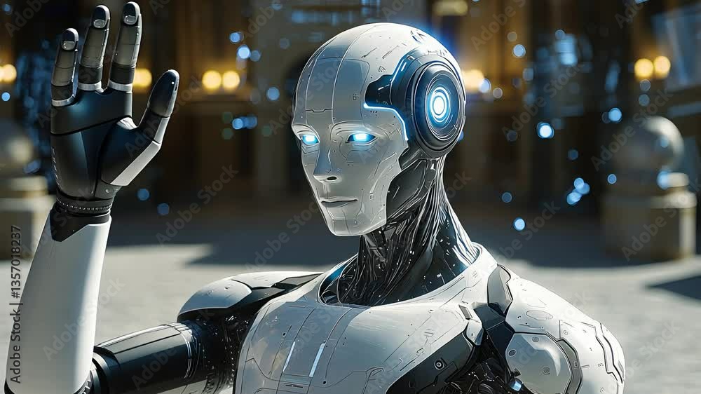 Poster futuristic humanoid robot with glowing eyes and advanced technology in digital environment