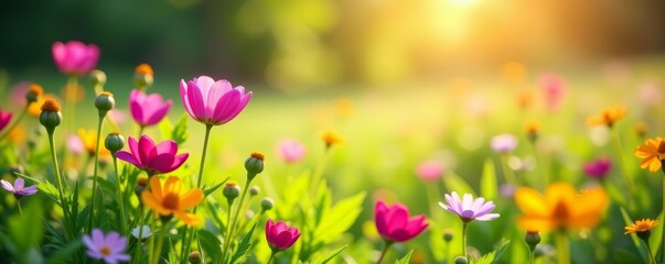 Fototapeta premium Vibrant wildflowers blooming in a meadow on a sunny day, vibrant, wildflowers, blooming