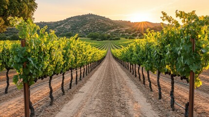 Naklejka premium Sunlit vineyard rows stretch towards a hill at sunset