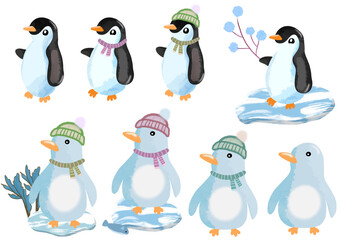 Drawings of penguins, pine, polar ice in a lively, imaginative. PNG.