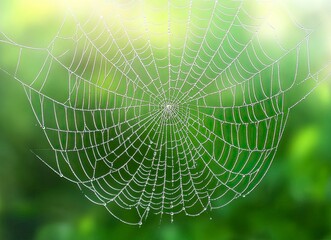 Fototapeta premium A beautiful spider web with dew drops on the edges of each thread, a blurred background of green nature, a macro photograph, high resolution, stock photography, high detail, hyper-realism. 