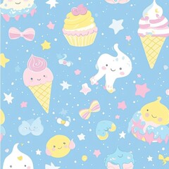 Cute pastel seamless pattern featuring kawaii ice cream cones, cupcakes, candy swirls and donuts in playful designs suitable for baby items Generative AI