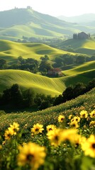 Fototapeta premium Sunflowers bloom in rolling hills, a picturesque rural landscape