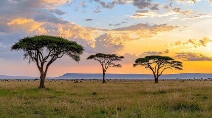 Obraz premium Amboseli savanna landscape at dusk, acacia tree silhouettes and vibrant sunset colors
