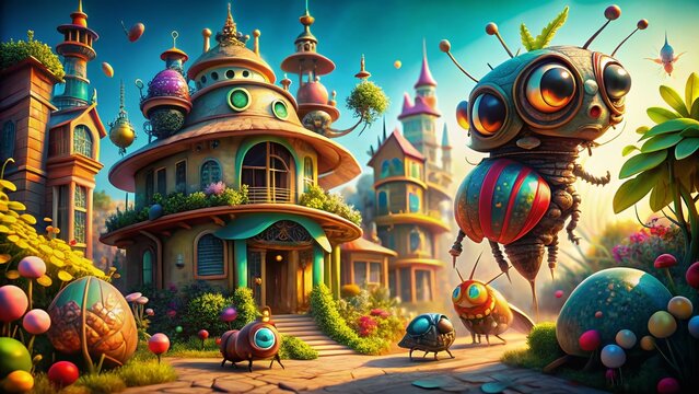Adorable Cartoon Insects in Architectural Wonderland: whimsical bug photography