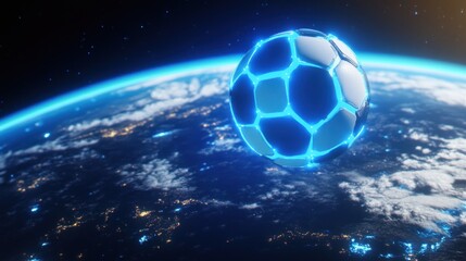 Naklejka premium Futuristic glowing soccer ball orbiting Earth at night.
