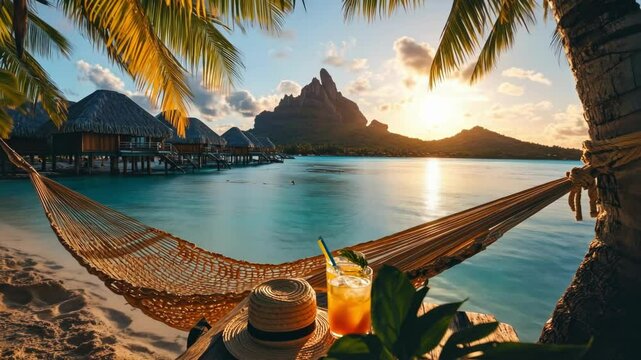 Tranquil sunset over bora bora lagoon with hammock and tropical drink
