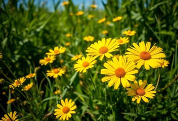 Vibrant yellow wildflowers bloom amidst lush green foliage in a sun-drenched meadow, environment, meadow