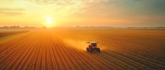 Fototapeta premium Sunrise over a tractor in a field.