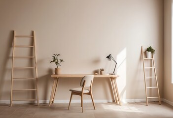 Minimalist Home Office Workspace with Wooden Desk and Ladders