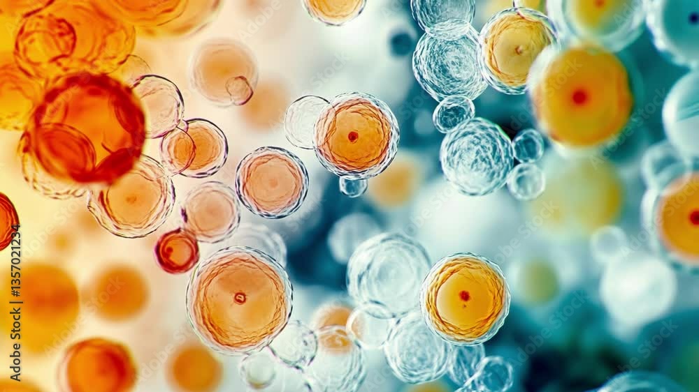 Poster abstract depiction of colorful cellular structures, showcasing intricate patterns and vibrant hues. 
