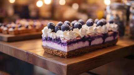 Blueberry cheesecake with a graham cracker crust and whipped cream topping.


