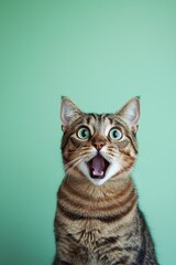 Obraz premium Surprised tabby cat against soft mint green background in spring