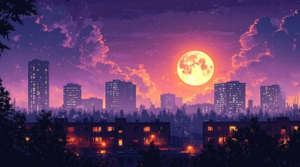 Obraz premium Night cityscape with large full moon, purple sky, and illuminated buildings