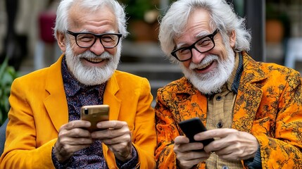 Two happy senior men using smartphones outdoors.