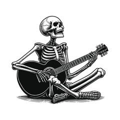 Vector illustration of Skeleton playing a guitar black and white line art drawing