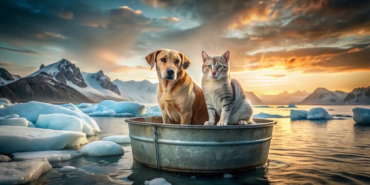 Adorable Dog and Cat Drifting on Iceberg in Steel Tub After Shipwreck