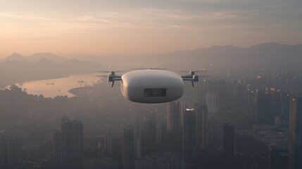 Naklejka premium Drone delivery over hazy city at sunrise