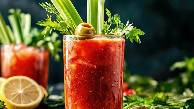 Refreshing bloody mary cocktail with celery stick and olive garnish