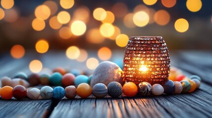 Warm lantern on wooden table with colorful stones.  Bokeh background.  Possible use  Greeting card