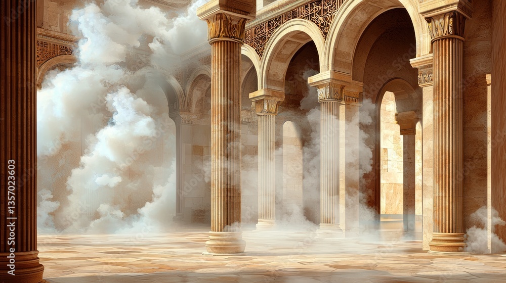 Poster beige smoke background with soft arched cloud patterns and architectural elements