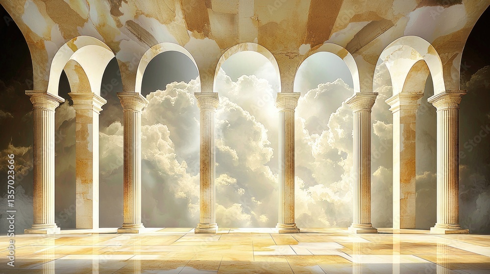 Poster beige smoke background with soft arched cloud patterns and architectural elements