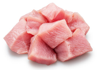 Pile of raw turkey meat pieces isolated on white. File contains clipping path.