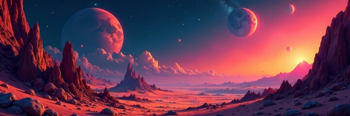 Vintage sci fi artwork depicting a surreal alien world with strange landscapes and cosmic skies, surreal, landscapes, artwork