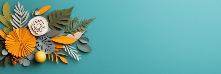 Obraz premium Colorful paper flowers & leaves arranged on teal background