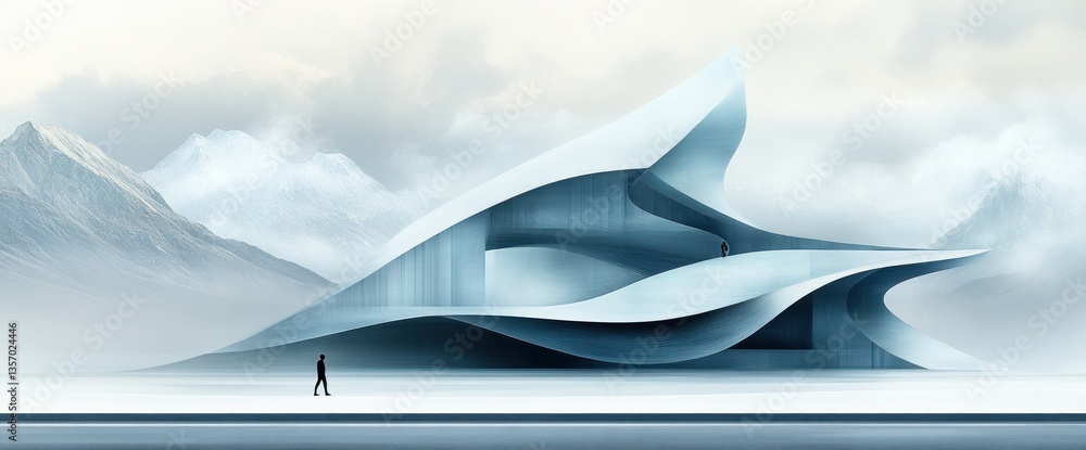 Poster futuristic architecture nestled in a misty mountain range. a lone figure walks in the foreground