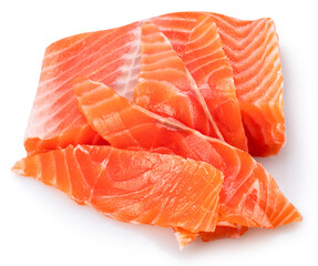 Salmon fillet slices and cut of salmon isolated on white background. File contains clipping path.