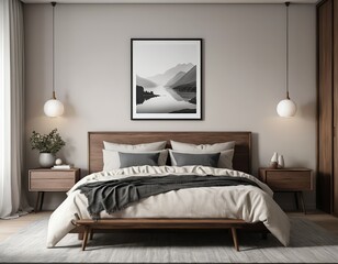 Serene Minimalist Bedroom Interior with Mountain View Artwork