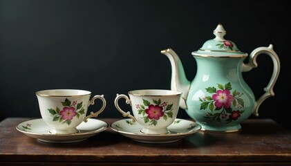 Vintage tea accessories including kettle, cups, and saucers on black surface, cups, tea, vintage