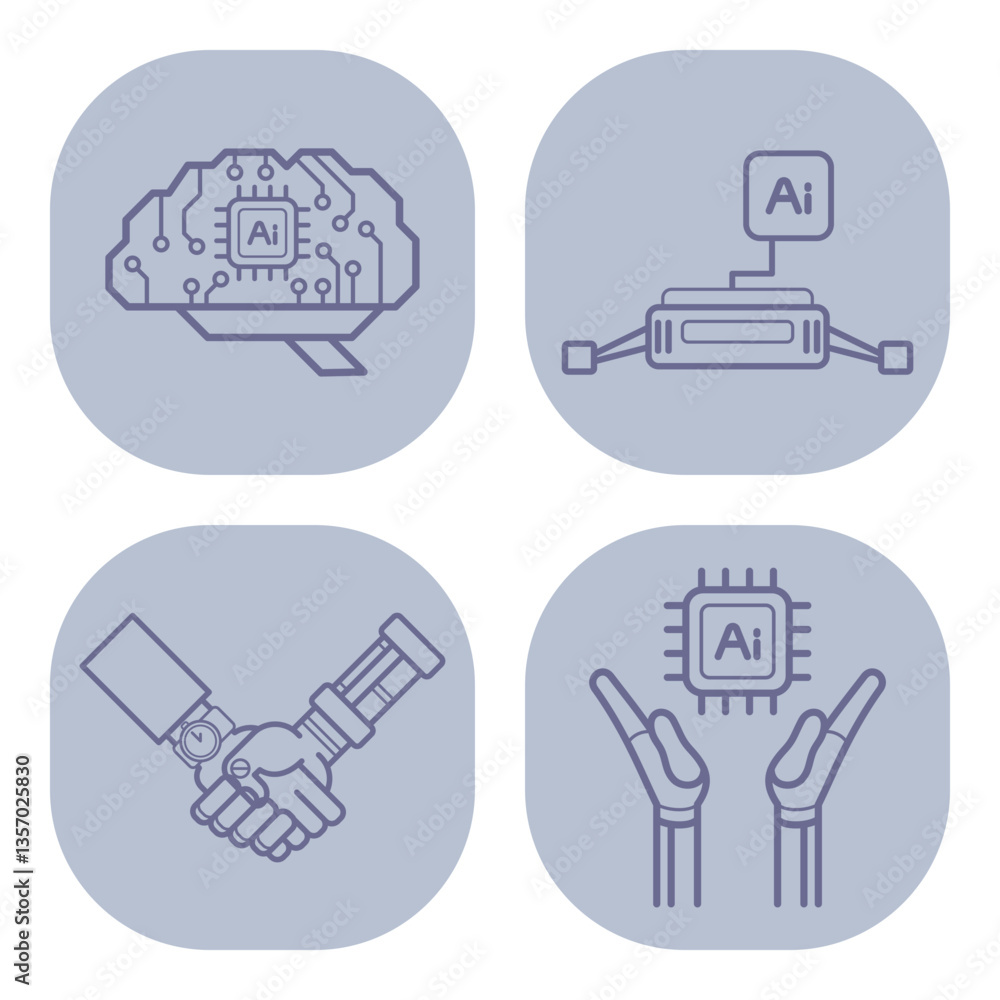 Poster collection of line icons representing various aspects of artificial intelligence. neural networks, c