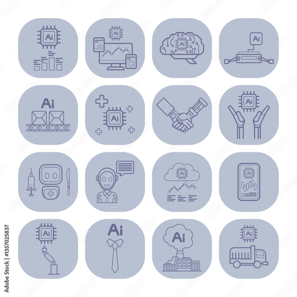 Poster collection of line icons representing artificial intelligence concepts. icons related to technology,