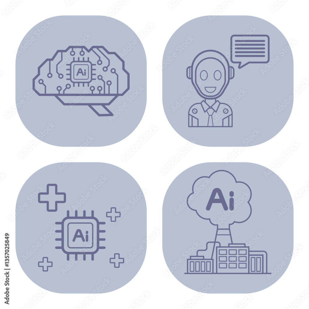 Poster set of line icons illustrating various aspects of artificial intelligence, including brain with circ