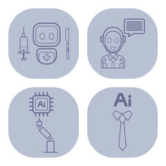 Collection of various line icons depicting healthcare items like syringes and medical professionals alongside artificial intelligence concepts. Innovation in healthcare concept
