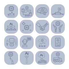 Collection of line icons representing artificial intelligence concepts. Icons related to technology, healthcare, and business, ideal for different applications